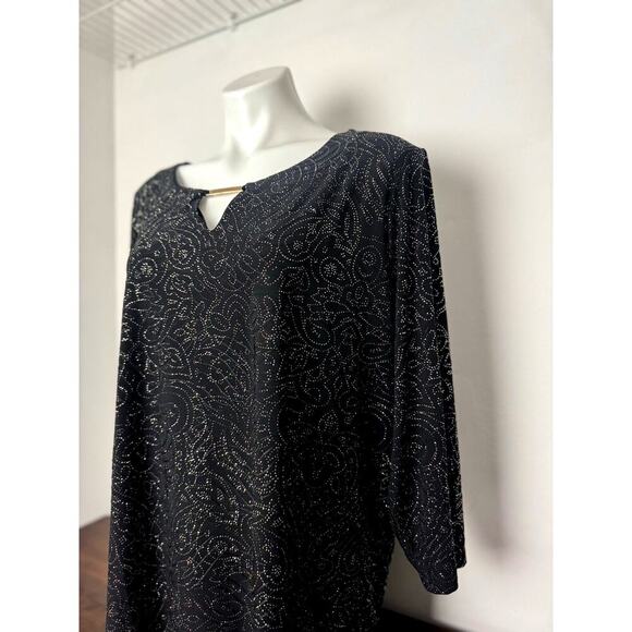 JM Collection Black, Sparkle Jacquard 3/4 Sleeve Blouse w/Detail on Neckline 3X - Picture 7 of 10